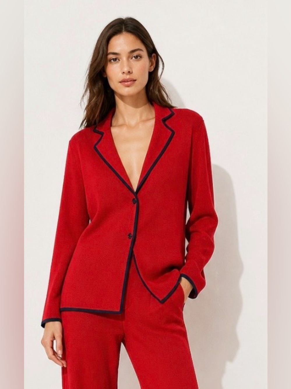 EXCLUSIVELY MISOOK Red Blazer Jacket Coat Navy Blue Stripe Trim Cardigan Knit